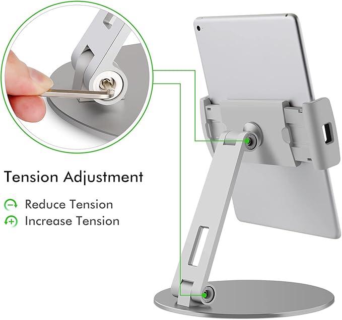Viozon Tablet Stand and Holders with Adjustable Range and Height Aluminum Stand Compatible with iPad/iPad pro/ipad Mini/Cellphone/Kindle Desk Holder fits 3.5-13inches, 360° Swivel Adjustable Base