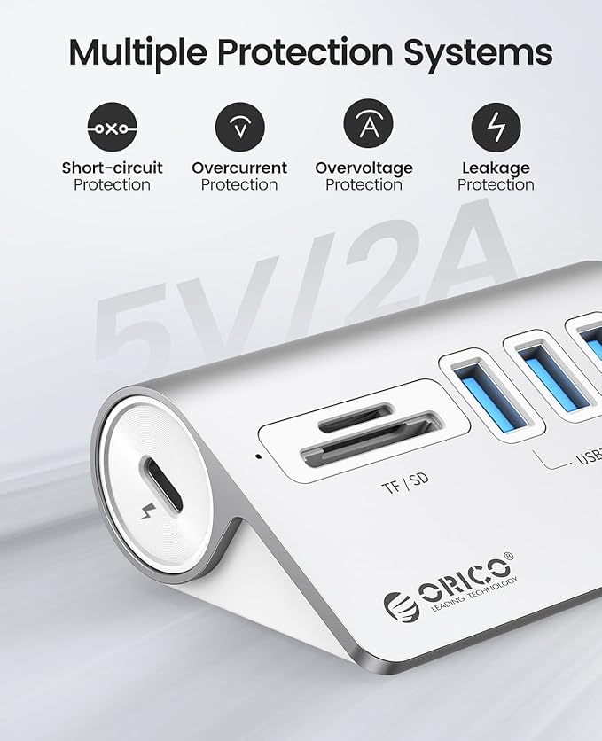 ORICO Aluminum USB 3.0 Hub with SD/TF Card Reader, 3 Port USB Hub 5Gbps with 1.64Ft USB-C Cable and USB-A Adapter USB Splitter for iMac, All MacBooks, Mac mini