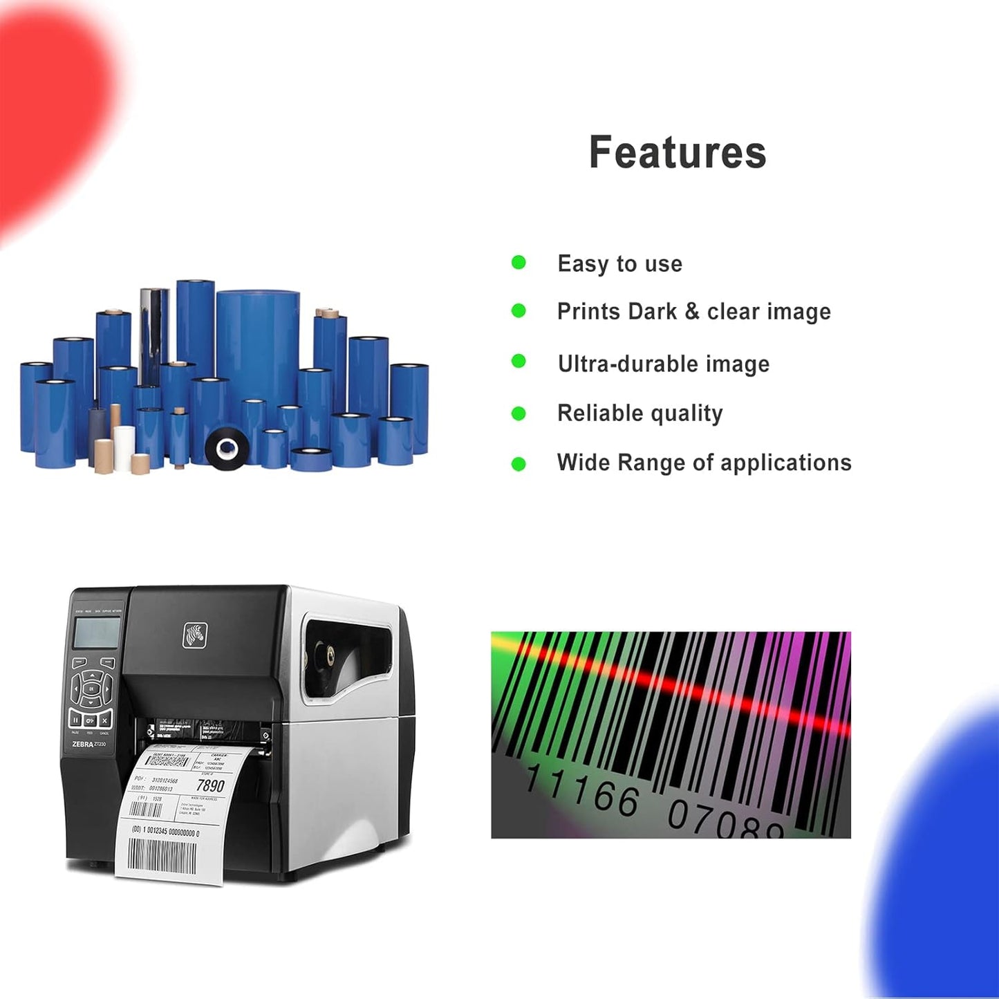 12 Rolls 2.52'' x 1476' Premium Resin Enhanced Wax Ribbon, 64mm x 450m Black Thermal Transfer Ribbon, Barcode Thermal Label Printer Ribbon, CSO-Ink Outside, 1'' Core for Zebra, TSC, GoDex, Citizen