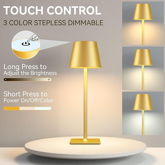 4 Pack Gold Rechargeable Led Cordless Table Lamps,Cordless Lamp with 6000mAh Battery Operated,Wireless Lamp for Restaurant Home Dinner Dining Kitchen Outdoor Patio,Waterproof & Portable