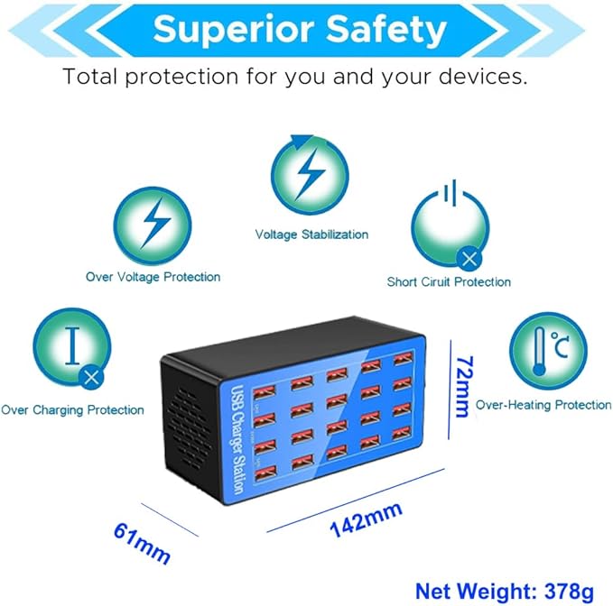 MaxLax USB Charging Station, 20-Port 100W/20A Multi-USB Charger Station for Smartphones, Tablets, and Other Devices