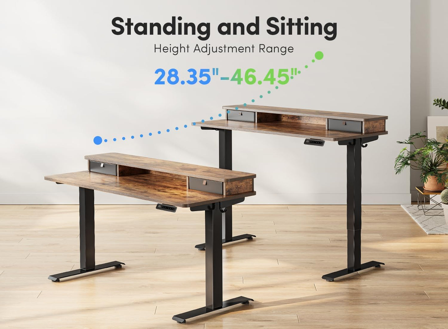 FEZIBO 55''x 24'' Height Adjustable Electric Standing Desk with Double Drawer, Home Office Computer Desk with 4 Height-Adjustable Feets & 2 Hooks, Rustic Brown