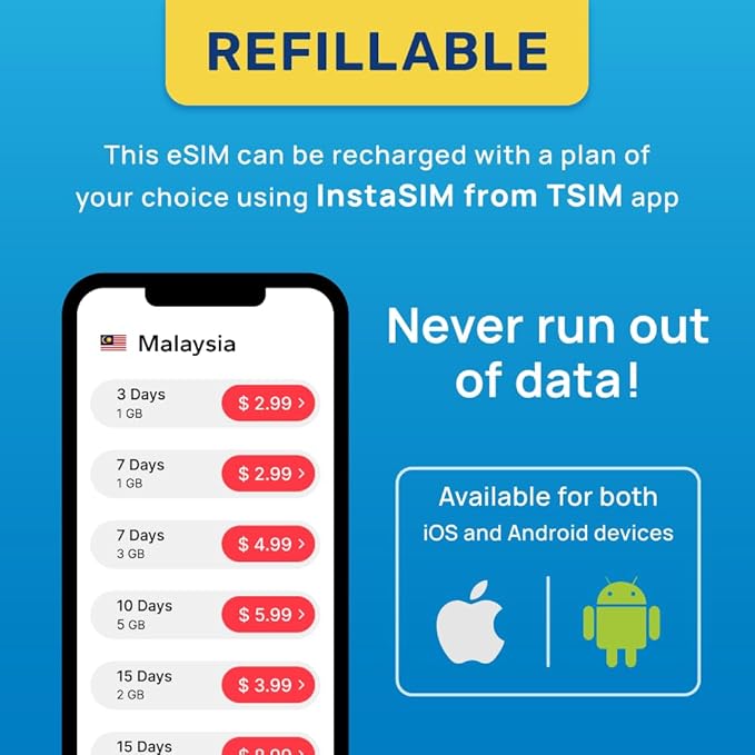 Malaysia eSIM | 7 Days 3GB | Auto Activation |QR Code Sent via Email in 24Hrs - Scan & Use Immediately y | Hotspot Allowed | No Phone Number | Refillable Plan via Insta Sim App
