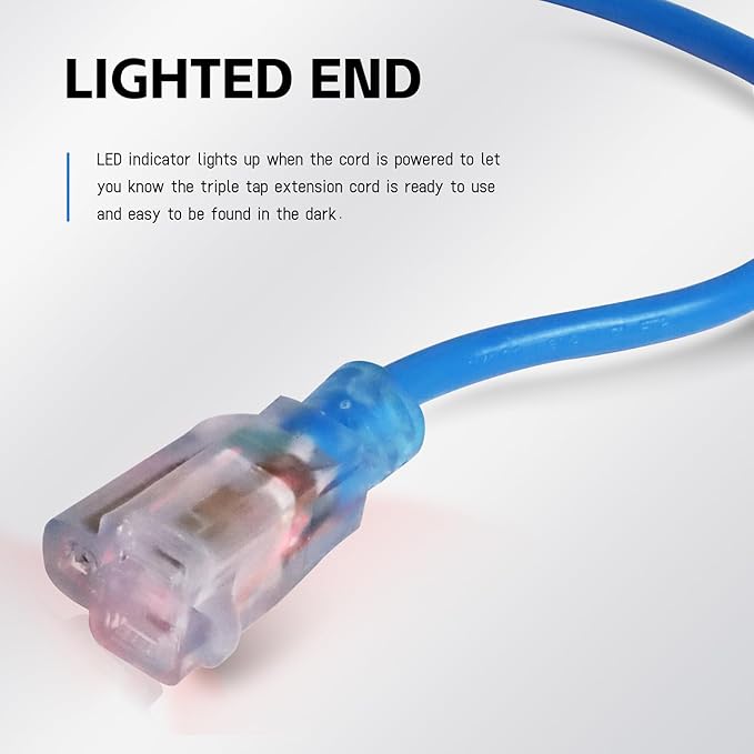 EP 10 Ft Outdoor Extension Cord, 12/3 SJTW Heavy Duty Waterproof Power Cable, 3 Prong Grounded Plug, Lighted End, for Lawn, Garden, Appliances, Blue