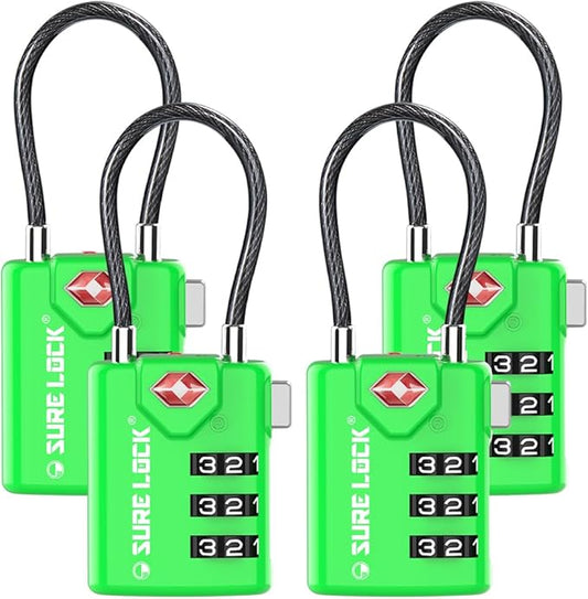 SURE LOCK TSA Compatible Travel Luggage Locks, Inspection Indicator, Easy Read Dials TSA Approved with Zinc Alloy Green 4PACK