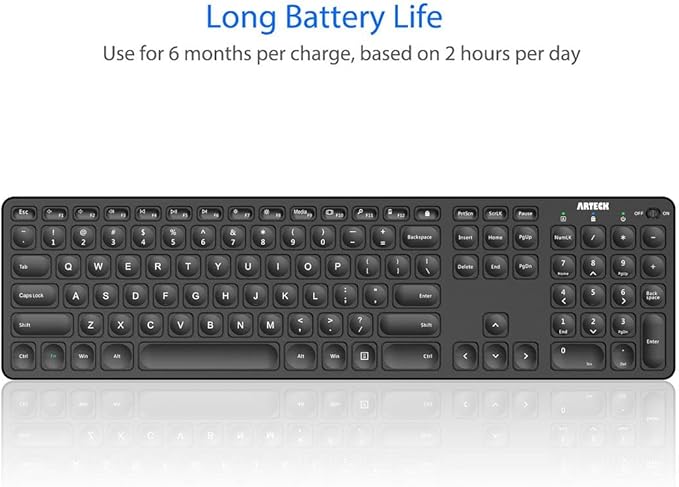 Arteck 2.4G Wireless Keyboard Ultra Slim Full Size Keyboard with Numeric Keypad and Media Hotkey for Computer/Desktop/PC/Laptop/Surface/Smart TV and Windows 10/8/ 7 Built-in Rechargeable Battery