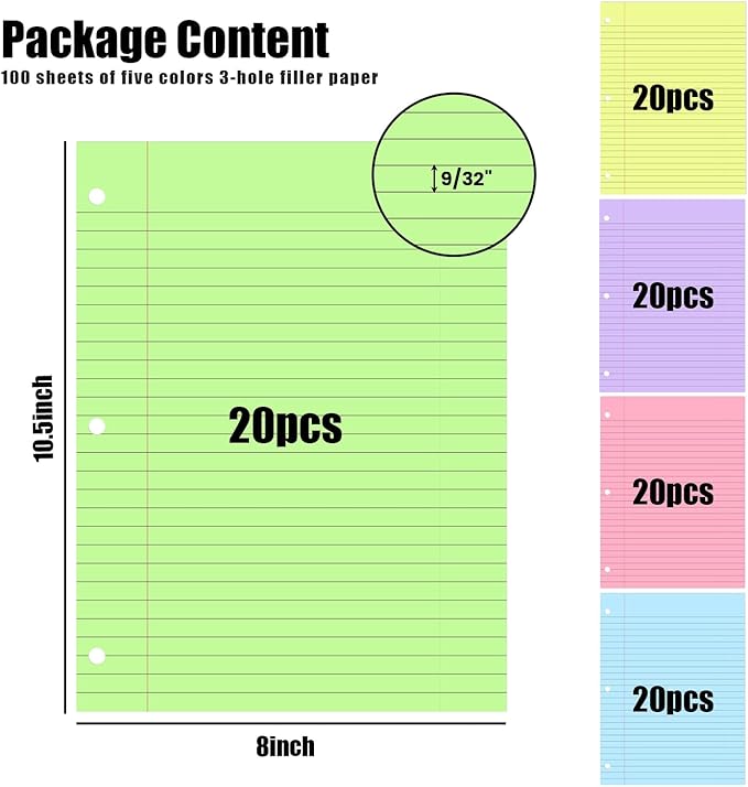 Koogel 100 Sheets Loose Leaf Notebook Paper – 5-Color College Ruled, 3-Hole Punch, 8 x 10.5 Inch for School, Office & Travel Notes