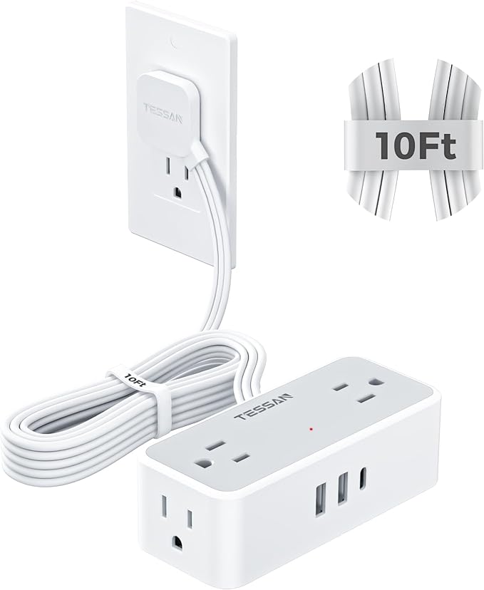 Flat Plug Extension Cord 10 FT, TESSAN Surge Protector Power Strip with 4 AC Outlets 1 USB C and 2 USB A Ports, 900 Joules Protection, Multiple Wall Outlet Extender Suitable for Home Office Dorm