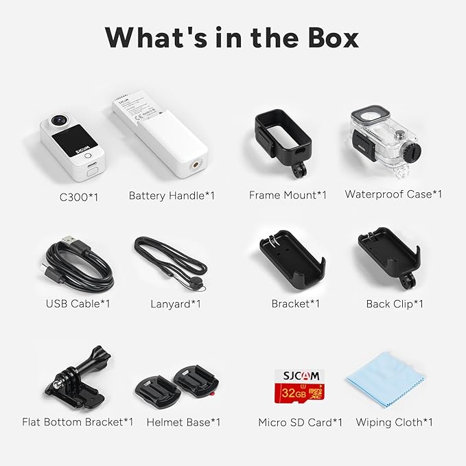 SJCAM C300 Standard Combo,4K Pocket Action Camera,7Hour Power,6-Axis Stabilization,Dual-Touch Screen Body Camera for travel,sport,blog,Waterproof,Youtube Live Streaming,Magnetic Werable,64G card,White