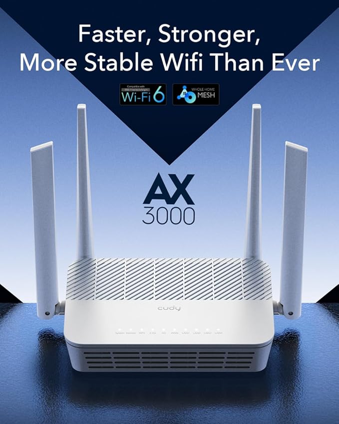 Cudy WR3000S AX3000 Dual Band WiFi 6 Mesh Router, 5 Gigabit Ethernet RJ45 Ports, 4 Antennas, MU-MIMO, OpenVPN, Wireguard, Zerotier, Ipsec VPN, Cloud APP