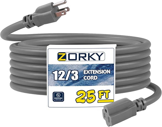 25ft Indoor Outdoor Extension Cord - 12/3 SJTW Heavy Duty Extension Cable with 3 Prong Grounded Plug for Safety -15Amp 1875W Gray Electric Cord Great for Garden, Appliances