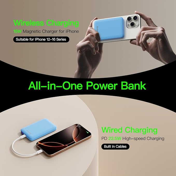 2025 Magnetic 15W Power Bank for iPhone,5000mAh Magsafe Battery Pack with 20w Fast Charging,Slim Magsafe Power Bank in&Out,with LED Display,Wireless Portable Charger for iPhone 16/15/14/13/12 Series