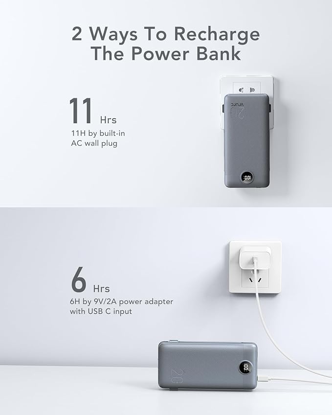 Portable Charger Power Bank 20000mAh,VRURC 22.5W Fast Charging Power Bank With Cables, 20K USB C Portable Charger With Wall Plug, Phone Battery With Cords For iPhone, Samsung, Android Phones, etc-Grey