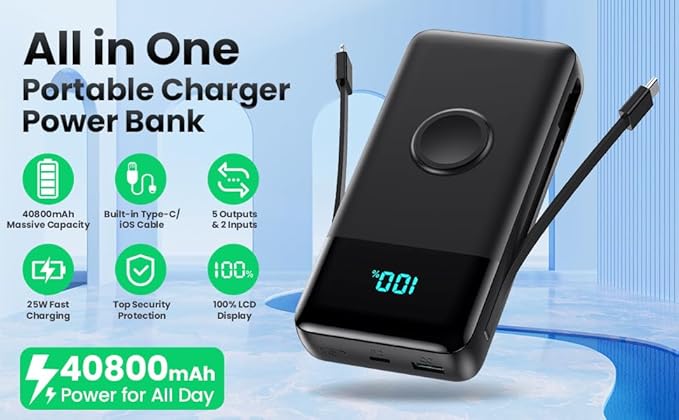 Portable Charger 40800mAh for iPhone with 2 Built-in Cable and iWatch Charger, 5-in-1 25W PD Fast Charging USB C Power Bank,QC4.0 LED Display Battery Pack for iPhone 16/15/14/13/12,Android,Apple Watch
