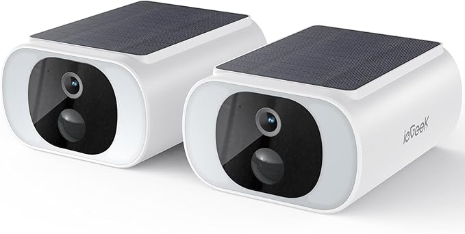ieGeek Solar Camera Outdoor Wireless, 2K Outside Cameras for Home Security, Embedded Solar Panel, AI Motion Detection, Smart Spotlight & Alarm, No Hub Needed, 2 Pack