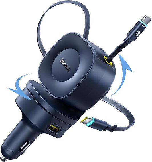 Baseus 240W Retractable Car Charger USB C Fast Charging, VR2 Max 4 in 1 Fast Car Charger with Dual Retractable USB C Cable for iPhone 17 16 15 Pro Max, Samsung Galaxy S25 Ultra, Android, iPad, MacBook