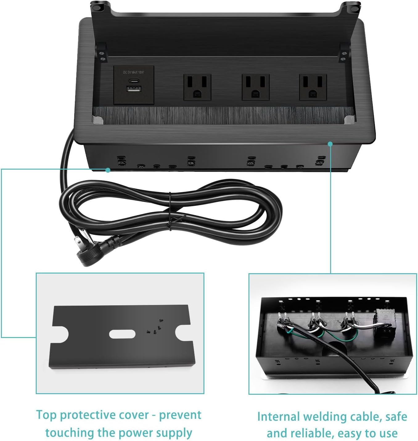 Conference Table Power Hub; Outlet Multimedia Connectivity Box with 3 AC outlets; USB-A+USB-C 18W 8FT 16AWG UL Listed Flat Plug Used for Office Conference Tables-High end Aluminum Alloy