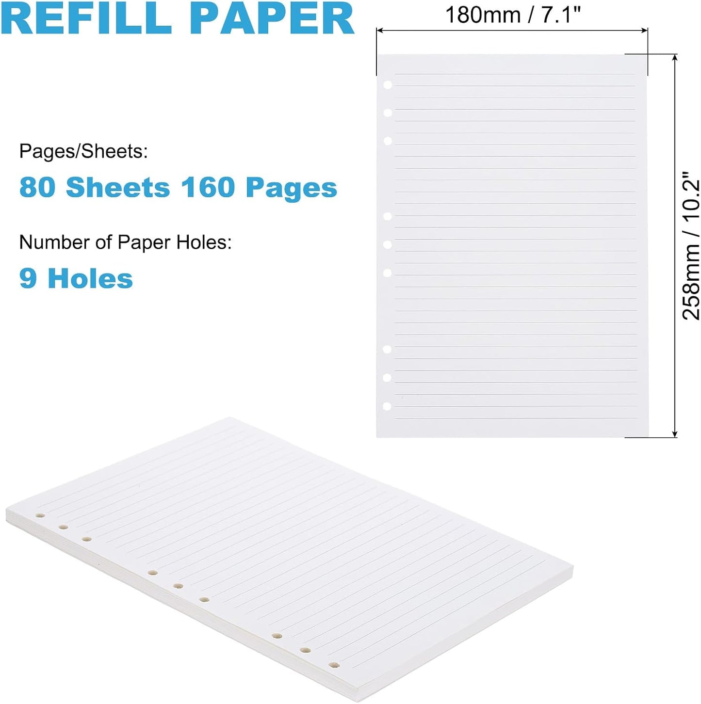 PATIKIL B5 Ruled Refills Inserts 9-Ring Binder Loose Leaf Planner Filler Paper Planner Inserts, 80 Sheets/160 Pages, Lined, White