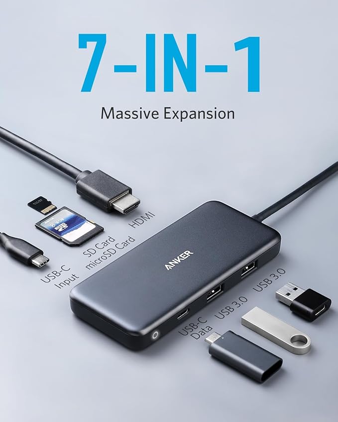 Anker USB C Hub (7-in-1), with 4K HDMI, 85W Power Delivery, USB-C and 2 USB-A 5Gbps Data Ports, microSD and SD Card Reader, for MacBook Air, MacBook Pro, XPS, and More