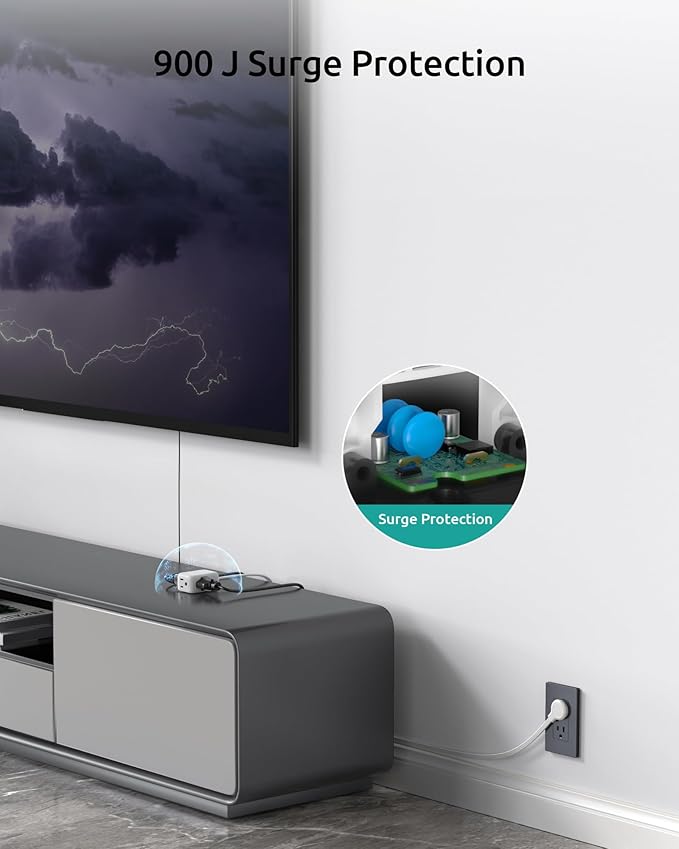 Flat Extension Cord Short 1.5ft, ETL Listed, NUTICT 3 Prong Indoor Extension Cord with 900J Surge Protector, 13A/1625W, Left Angle Flat Wall Plug, Small Outlet Extender for Kitchen Bathroom, White