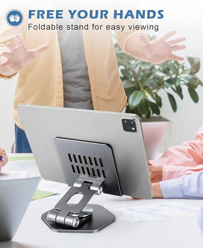 Foldable Aluminum Tablet Stand for Desk, 360° Swivel iPad & Tablet Holder – Portable & Stable Desktop Mount for 5–12.9in Devices, Grey