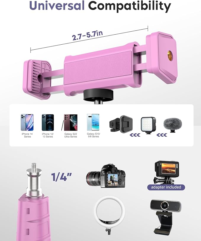 Aureday Phone Tripod, 92" Cell Phone Stand with 15" Gooseneck, Remote and Phone Holder, Overhead & Selfie Stick for Recording/Watching/Vlog, Compatible with iPhone Android, Pink