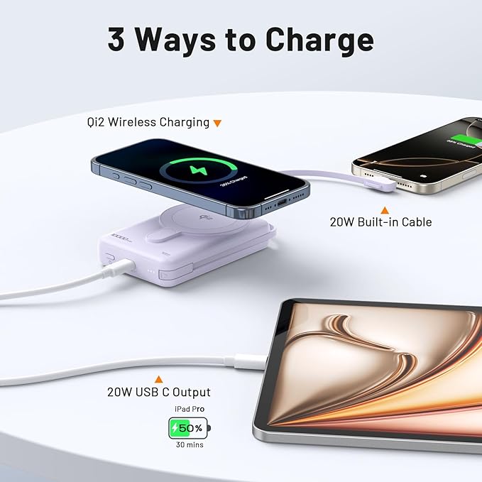 Magsafe Portable Charger 10000mAh Qi2 15W Fast Charging Magnetic Power Bank, Battery Pack with Foldable Stand, PD20W USB C Built in Cable, Mag Safe Only for iPhone 17/16/15/14/13/12 Series