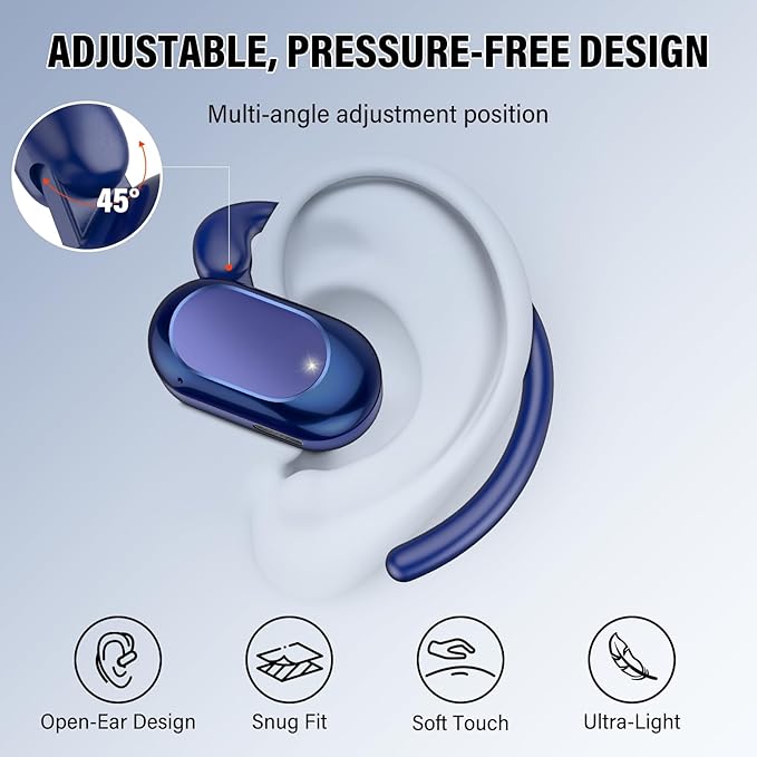 Open Ear Headphones, Bluetooth 5.4 Earphones 36H Playtime Air Conduction Headphones with Mic, Adjustable Earhook Earbuds with ENC Clear Calls/LED Display, IPX7 Waterproof Open Ear Earbuds, Blue