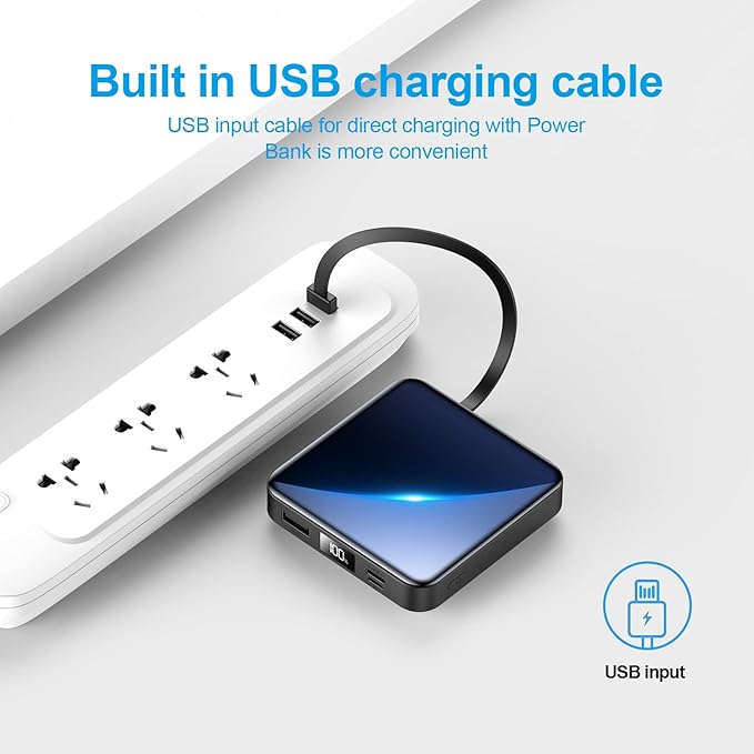 Portable Charger 12000mAh with Built-in Cables,22.5W Fast Charging Power Bank,USB C Input/Output,Smart LED Display,Compact External Battery for iPhone 15,Samsung Galaxy,iPad,Tablets
