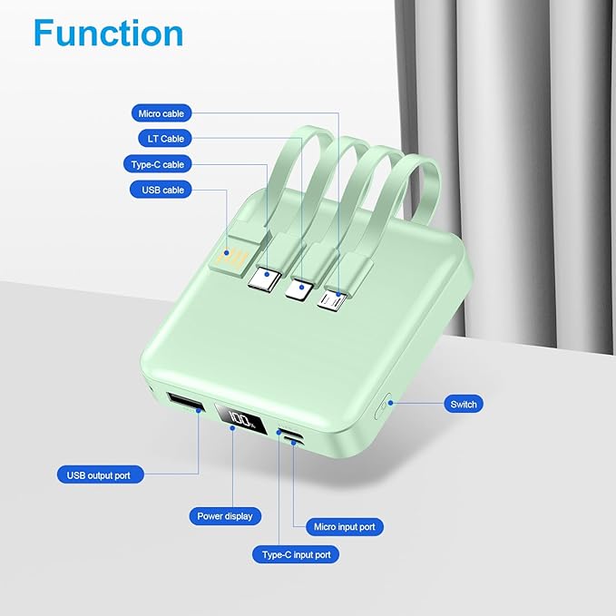 Portable Charger with Built-in Cable,12000mAh 22.5W Fast Charging Small Power Bank,USB C Input/Output with Smart LED Display,External Battery Pack for iPhone,Tablet,Samsung