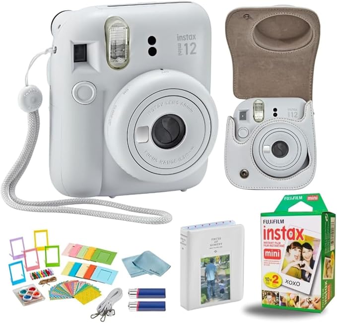 Fujifilm Instant Mini 12 Camera + Accessory Bundle & Compatible Custom Case + Fuji Instant (20 Shots) Designer Mini Photo Album (60 Pockets) (Clay White)