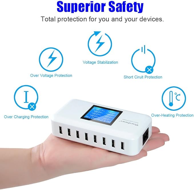 60W 8-Port USB Wall Charger, Multi Port USB Charger Charging Station W/LCD Compatible with Smart Phone, Tablet and Multiple Devices