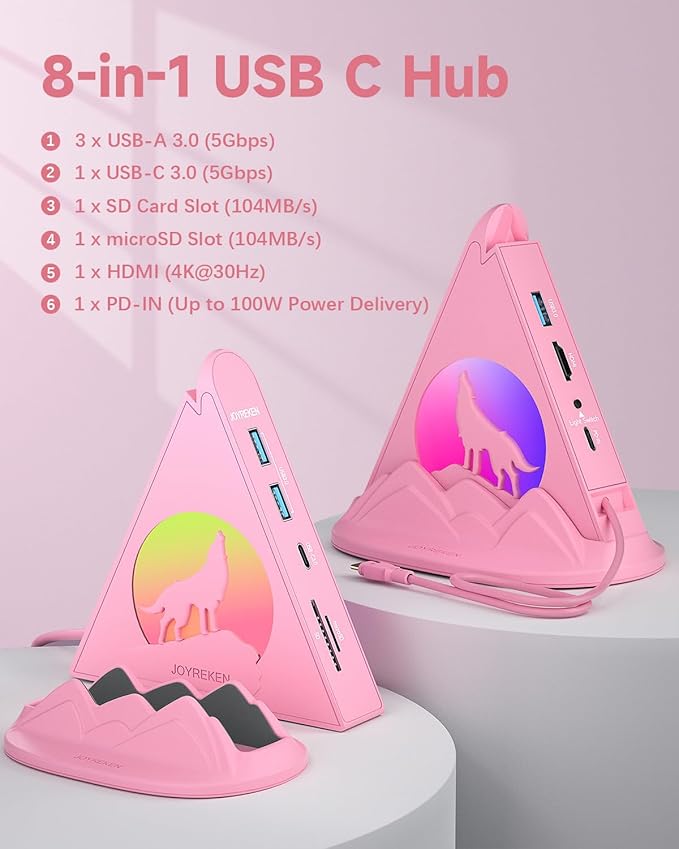 Wolf USB C Hub, Pink 8-in-1 Type C Multiport Adapter with 4K@30Hz HDMI, 100W PD, 5Gbps 1xUSB-C, 3xUSB-A 3.0, SD/TF Slots, Base-Stand, RGB MacBook Adapter for MacBook Air/Pro, iPad, iMac, Surface, XPS