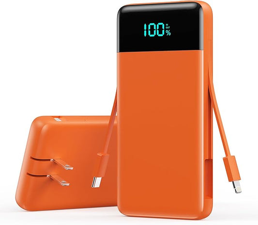 AONIMI Portable Charger 13800mAh Power Bank with Built-in Cables,LCD Display Fast Charging USB C Battery Pack,4 Outputs Travel Essential Portable Phone Charger for iPhone 16/15/14/13,Android (Orange)