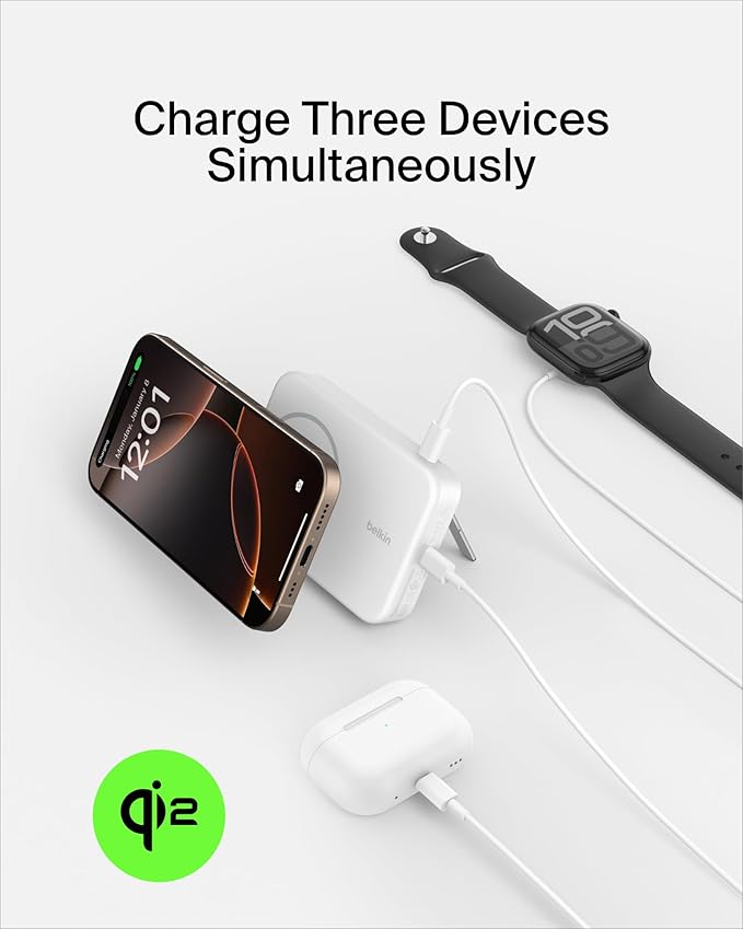 Belkin Portable Charger, Power Bank 10000 mAh w/ Qi2, iPhone Charger - MagSafe Charger w/Built-in Pop-up Kickstand for iPhone 17, Air, Pro, Pro Max, Google Pixel 10, etc. - White