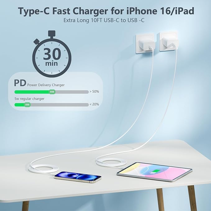 10FT for iPhone 16 15 Charger Fast Charging, Long USB C to C Charger Cord with 20W Type C Phone Fast Charging Block for iPhone 16/16 Pro/16 Pro max/16 Plus, iPhone 15/15 Pro/15 Pro max/15,iPad, 1Pack