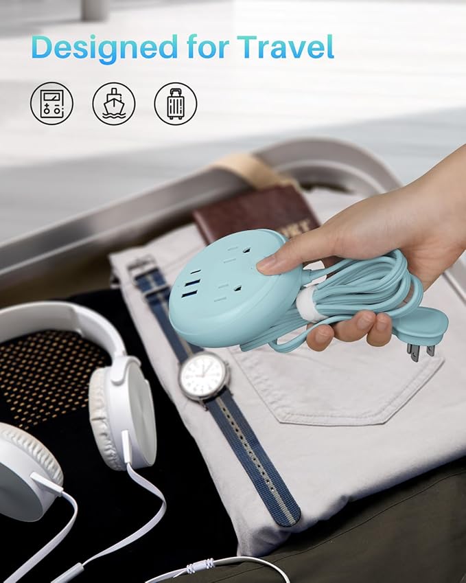 Flat Plug Power Strip with USB C Ports, KOOSLA Travel Extension Cord No Surge Protection - 2 Outlets 3 USB Ports(1250W) - Cruise Essentials for Cruise Ship, Home, Office, Dorm Room, 5ft