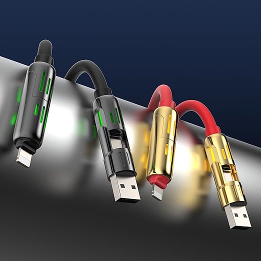 MFish 240W 4-in-1 Universal USB Charging Cable [2 Pack, 6.6ft] – Fast Charger Cord with USB-A, Dual USB-C & Lighting, for iPhone 14/15/16/17 Series, iPad & MacBook & More (2PACK, Black+Red, 6.6Ft)