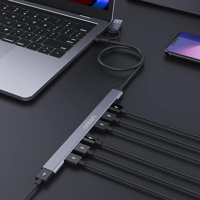 USB C Hub, ONTEN USB C USB to USB Adapter, USB C to USB A Hub, 7 Ports USB-C USB to USB Hub 3.0/2.0, for MacBook Pro, iMac 2021, USB Splitter Aluminum Alloy, Color Gray