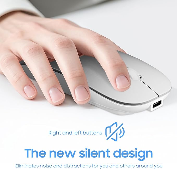 SUNGI Bluetooth Mouse for Laptop/Tablet/iPhone/Android PC,Rechargable Quiet Slim Mice Compatible with Windows/Linux,Silver