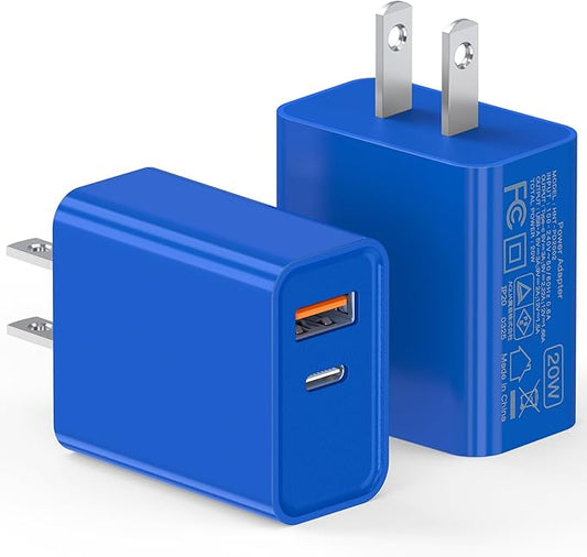 2 Pack USB C Charger, 20W PD Fast Charger Dual Port Plug Type C Charger Compatible for iPhone 12/13/14/15/16/17/Pro/Pro Max/Plus/X/SE3 iPad Pro Cube,Galaxy S25/S24 Dark Blue