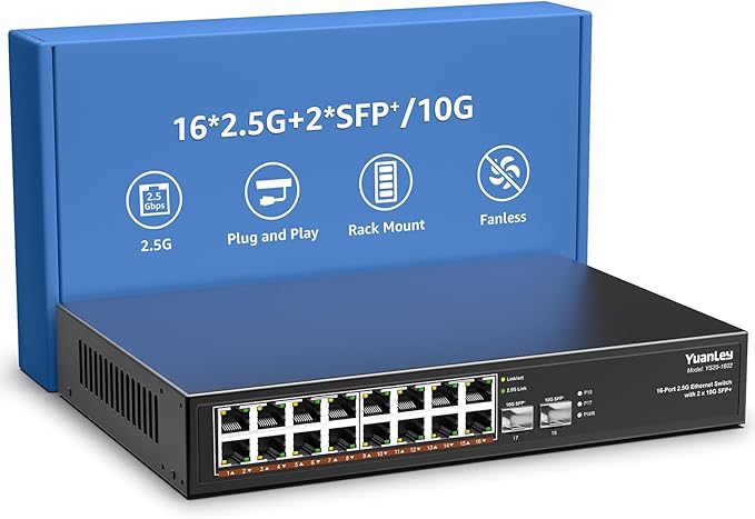 18 Port 2.5G Umanaged Ethernet Switch, 16 x 2.5Gb Base-T Ports, 2 x 10G SFP+, Compatible with 100/1000/2500Mbps, Metal Fanless, Desktop/Rack Mount YuanLey 2.5Gbe Network Switch for Wireless AP, PC