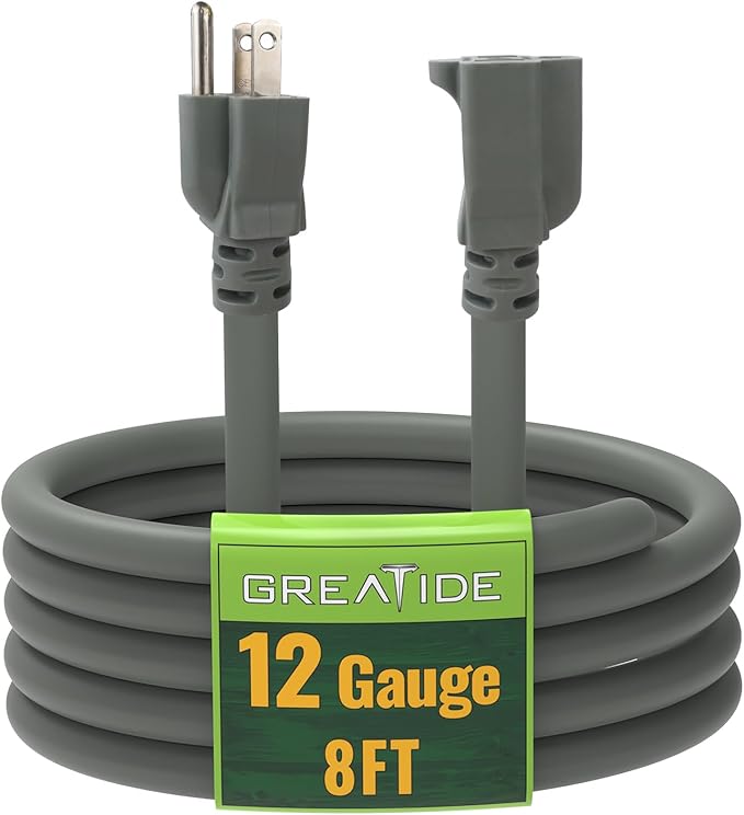8 Ft Outdoor Extension Cord - 12/3 SJTW Heavy Duty Grey Extension Cable with 3 Prong Grounded Plug - Power Cord for Lawn, Garden, Appliances