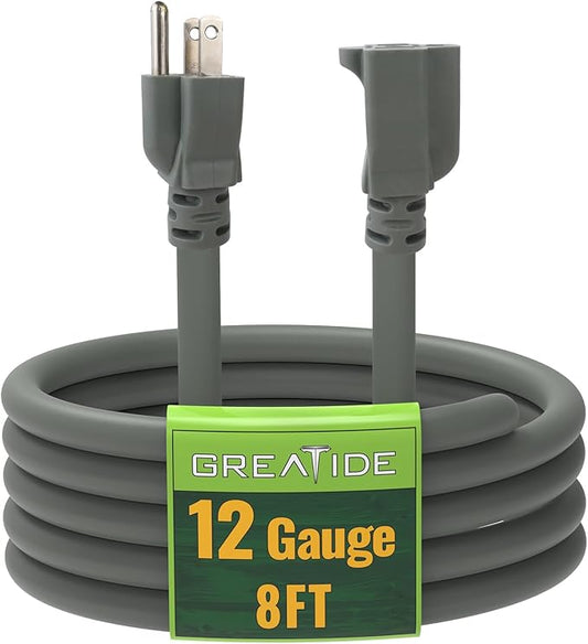 8 Ft Outdoor Extension Cord - 12/3 SJTW Heavy Duty Grey Extension Cable with 3 Prong Grounded Plug - Power Cord for Lawn, Garden, Appliances