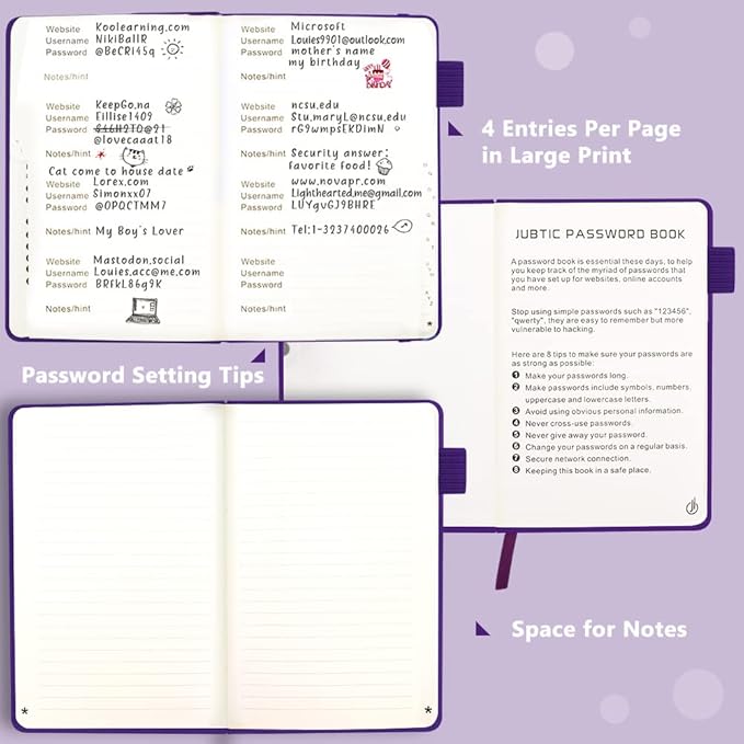 JUBTIC Password Book with Alphabetical Tabs. Medium Size Password Keeper Logbook for Internet Log in, Website Address. Hardcover Password Journal Notebook & Organizer for Home Office, Violet Purple