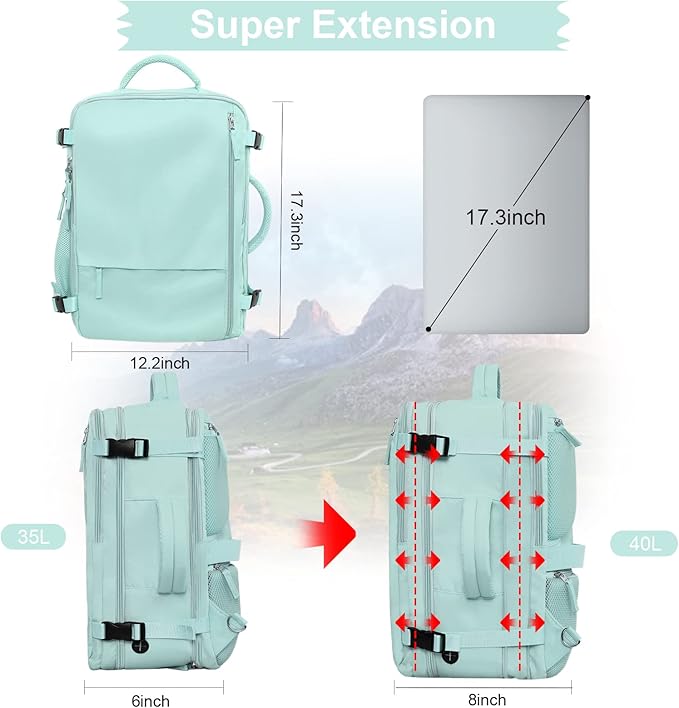 Hanples Carry on Backpack, Laptop Travel Backpack for Women Airline Approved, Personal Item Travel Bag for Men, Casual Daypack Bag for Business Work Weekend with 2 Toiletry Bags (Mint Green)