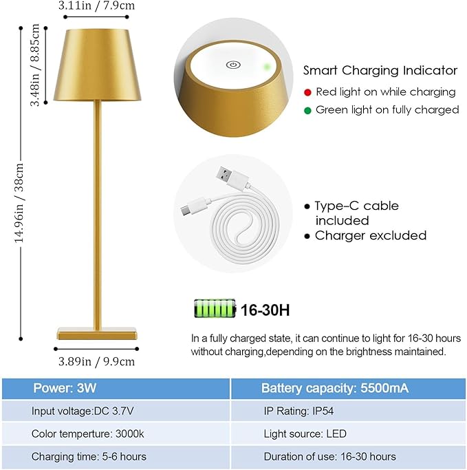 2-Pack LED Cordless Table Lamp 3W 5500mAh Rechargeable Battery Operated Stepless Dimmable Portable Lamp for Restaurant, Bedroom, Outdoor (Gold)