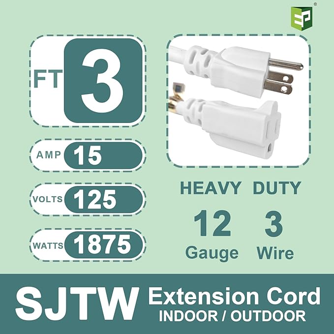 EP 3 Ft Indoor Extension Cord, 12/3 SJTW Heavy Duty Extension Cable with 3 Prong Grounded Plug, 15 AMP Power Cord for Lawn, Garden, Appliances, White