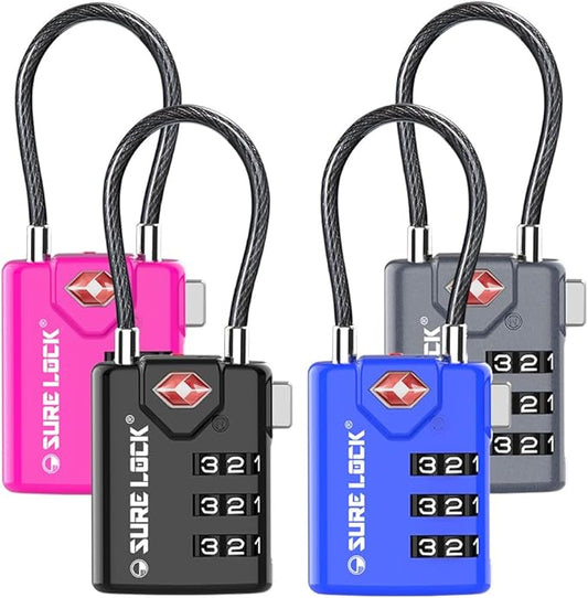SURE LOCK TSA Compatible Travel Luggage Locks, Inspection Indicator, Easy Read Dials TSA Approved with Zinc Alloy Four Colour
