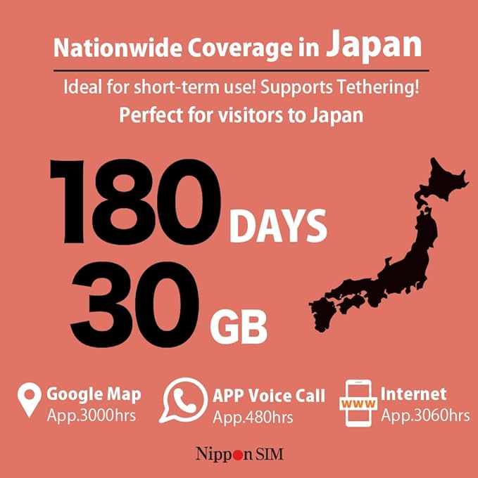 Japan SIM Card 180 Days Data Only | 30GB High-Speed 4G LTE + Unlimited Data at Reduced Speed | No Roaming Needed for Faster, Safer Access | Hotspot tethering Supported | Docomo Network | Made in Japan
